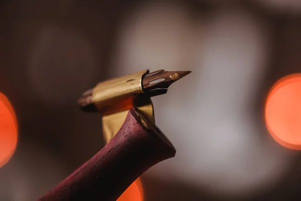 Kaligraficzny zestaw. Kaligrafia długopis i pióro w złoty tusz na tle archiwalne z nowego roku światła — Zdjęcie stockowe
