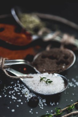 Kaşık içinde baharatlar. Closeup makro fotoğraf tuz, biber ve kırmızı biber. Arduvaz arka plan. Rustik vintage renk tonlama