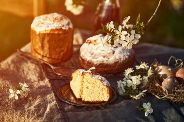 Geleneksel Rus Paskalya süzme peynirli tatlısı. Ortodoks paşam, masaya kulich keki..