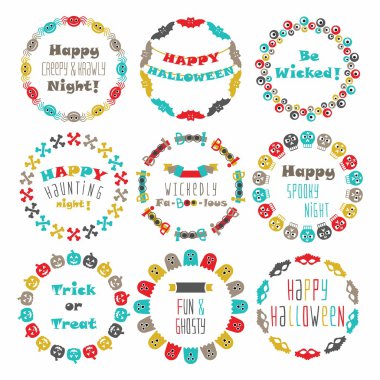 Renkli Cadılar Bayramın kutlu olsun daire sınır desen Amblemler iletilerle beyaz arka plan üzerinde ayarlayın.