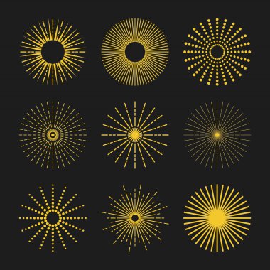 Siluet altın güneş ve yıldız patlaması simgeler siyah arka plan üzerine ayarla