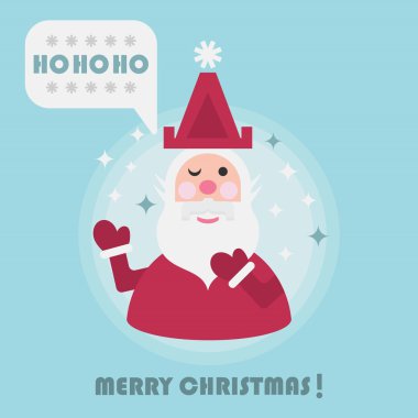 Mavi arka plan üzerinde sevimli Noel Baba ve Ho Ho Ho konuşma balonu simgesinin neşeli Noel tebrik kartı