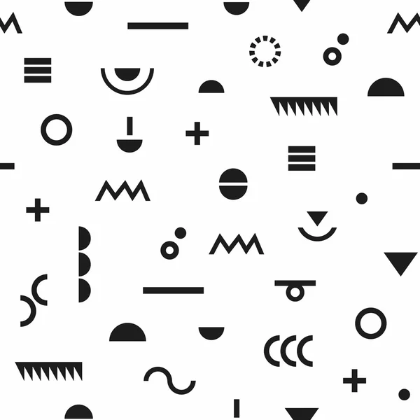 Abstrakte schwarze geometrische moderne Symbole und Memphis-Stil nahtlose Muster auf weißem Hintergrund — Stockvektor