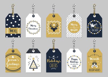 Trendy gri arka plan üzerinde ayarla altın ve koyu lacivert Noel ve Holiday Hediyelik Etiketler