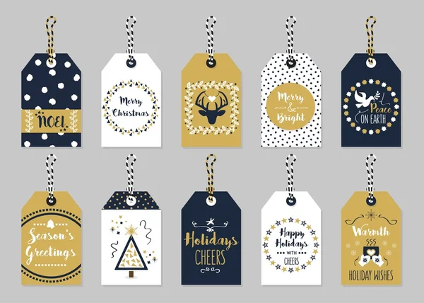Étiquettes cadeaux de Noël et de vacances bleu marine doré et foncé sur fond gris tendance — Image vectorielle