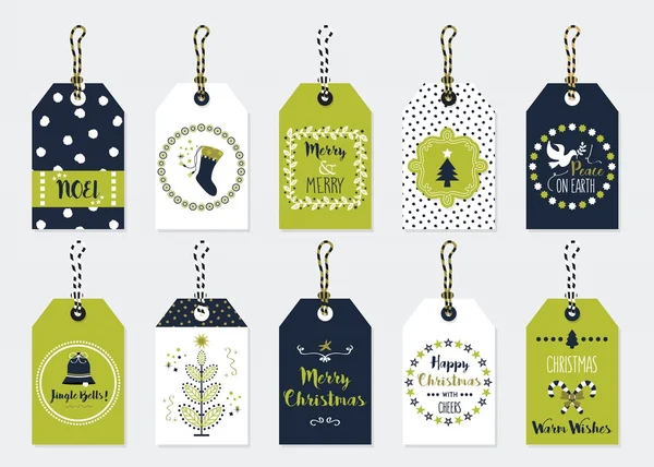 Etiquetas de regalo navideñas y navideñas verdes y oscuras sobre fondo gris de moda — Vector de stock