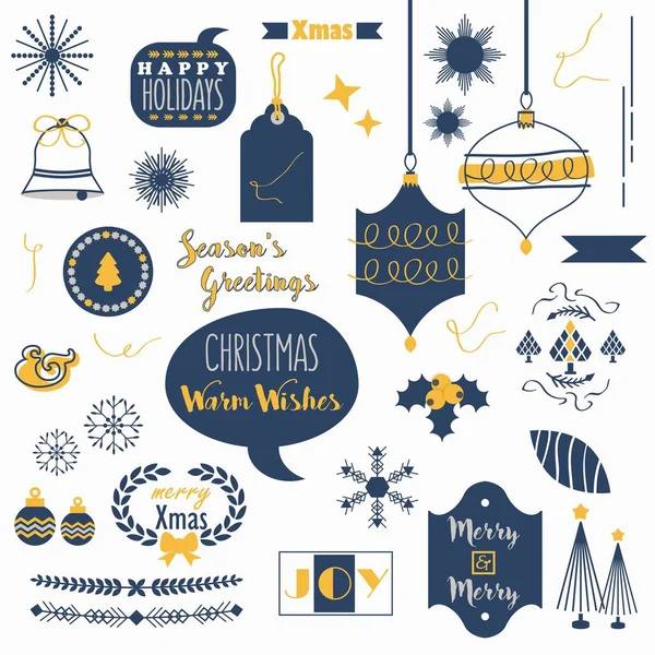 Iconos de Navidad planos azul marino y naranja y elementos de diseño establecidos sobre fondo blanco — Vector de stock