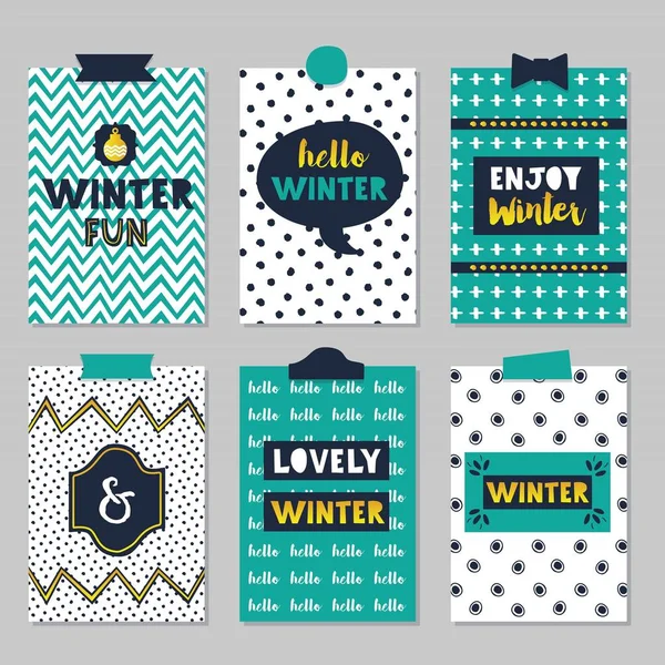 Cute assorted winter quotes journal cards set on beautiful and trendy patterns background — Stock Vector