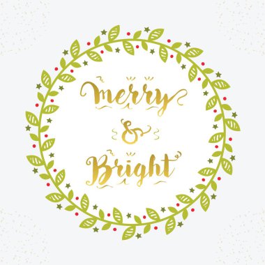 Beyaz arka plan üzerinde Noel ve Holiday Merry ve parlak çiçek daire sınır dekorasyon amblemi