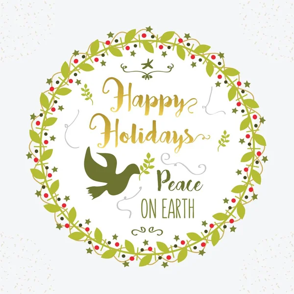 Joyeux Noël vert et doré, emblème de décoration de bordure de cercle floral Peace on Earth sur fond blanc — Image vectorielle