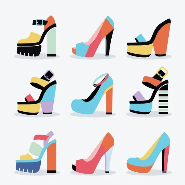 Retro colorido y de moda mujeres aisladas plataforma zapatos de tacón alto conjunto sobre fondo blanco — Archivo Imágenes Vectoriales