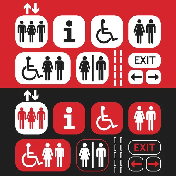 Fehér és piros vonal és a silhouette férfi és nő nyilvános hozzáférés ikonok beállítása a piros és a fekete háttér — Stock Vector