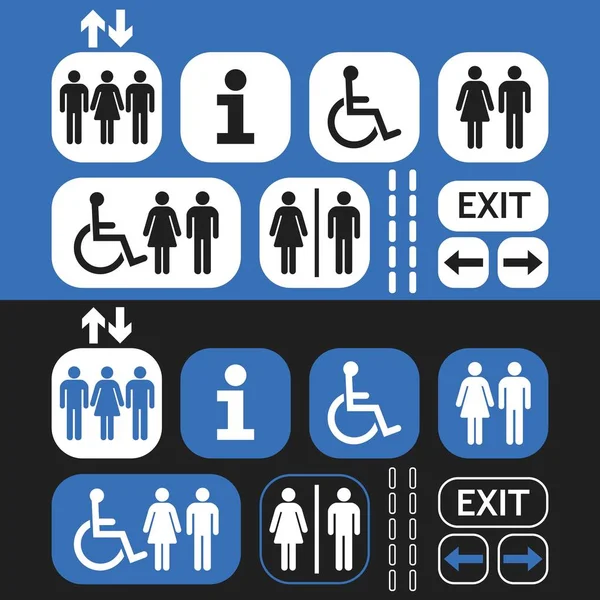 Fehér és kék vonal és a silhouette férfi és nő nyilvános hozzáférés ikonok beállítása a kék és a fekete háttér — Stock Vector