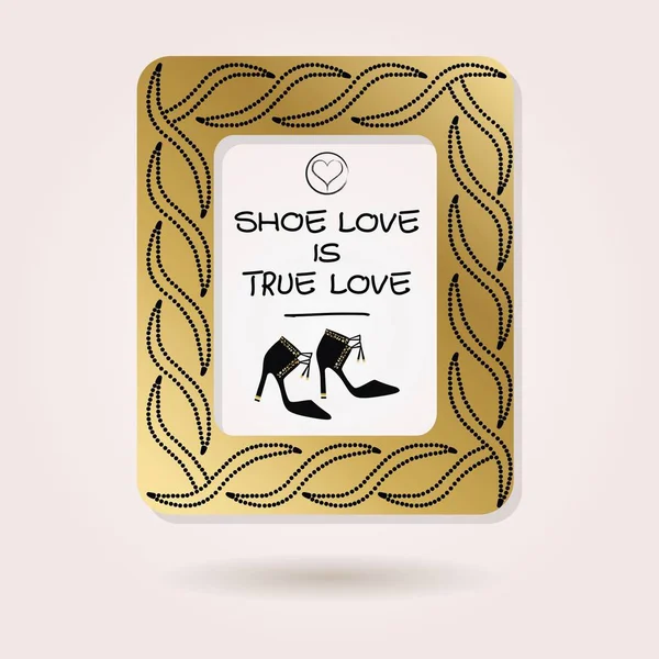 Abstract Shoe Love is True Love golden studded photo frame with black feminine high heel shoes with dropped shadow on pink background — Stock Vector
