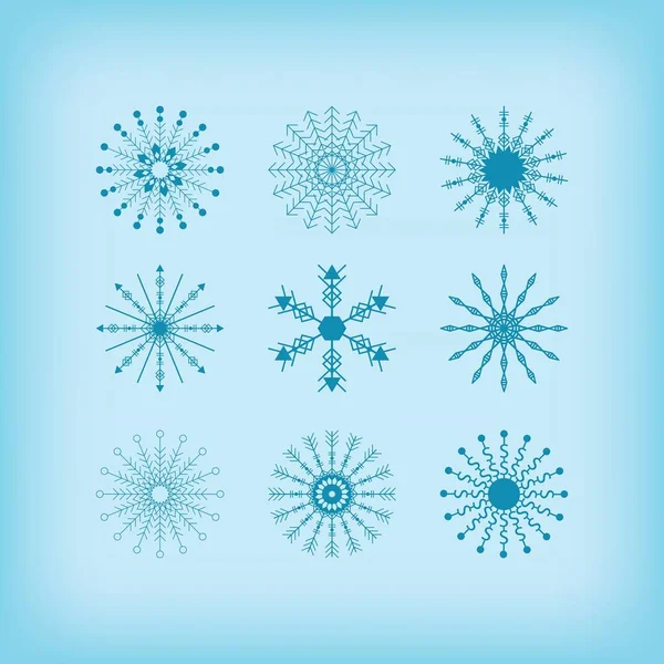 Inverno detalhe linha círculo flocos de neve ícones definido no fundo gradiente azul — Vetor de Stock