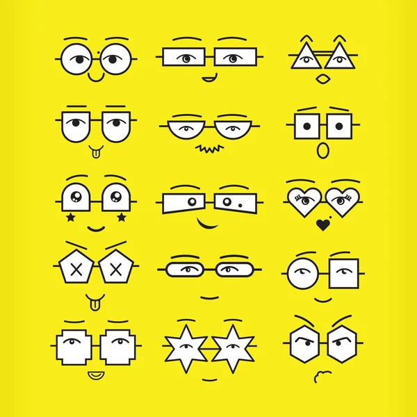 Χαριτωμένο μαύρο emoticons αντιμετωπίζει με διαφορετικά γεωμετρικά σχήματα γυαλιών εικόνες set σε κίτρινο φόντο — Διανυσματικό Αρχείο