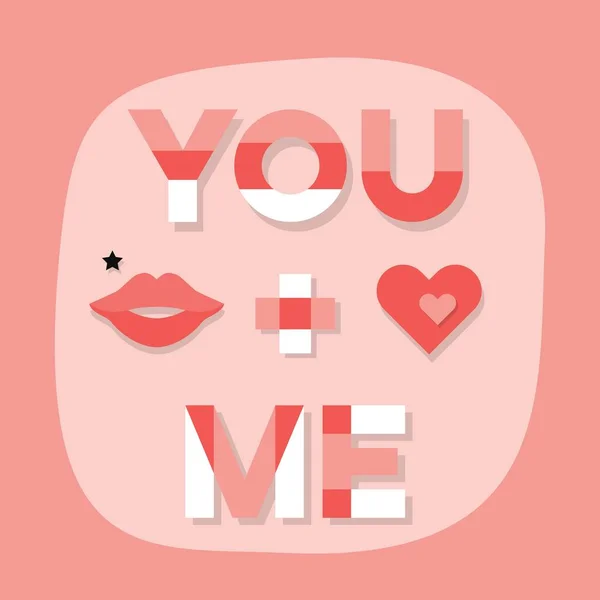 Abstract close up of YOU + ME message with woman lips and heart symbols on pink emblem — Stock Vector