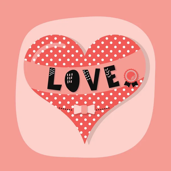 Cute spotty and dotted heart emblem with word LOVE banner and award bow on pink background — Stock Vector