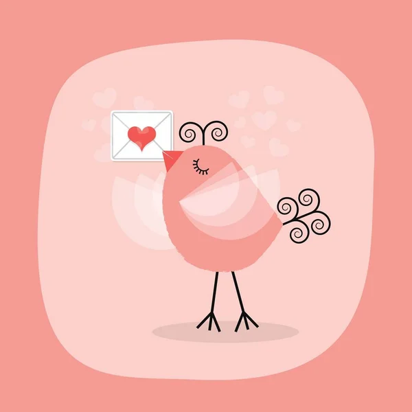 Burung kecil yang lucu memegang surat hati lambang pada latar belakang merah muda - Stok Vektor