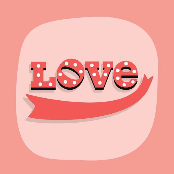 Cute red word LOVE and a ribbon emblem on pink background — Stock Vector