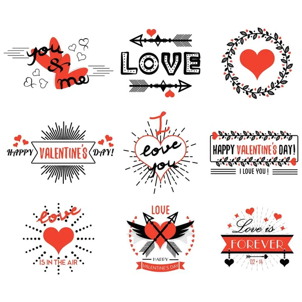 Rosso e nero San Valentino emblemi ed elementi di design su sfondo bianco — Vettoriale Stock