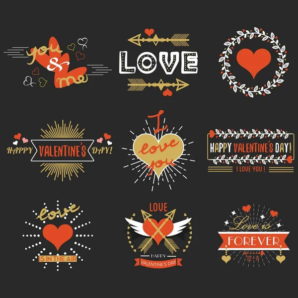 Emblèmes et éléments de design rouge et doré de la Saint-Valentin sur fond noir — Image vectorielle