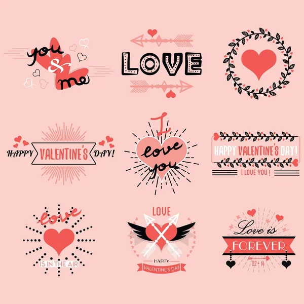 Valentijnsdag emblemen en ontwerpelementen instellen op roze achtergrond — Stockvector