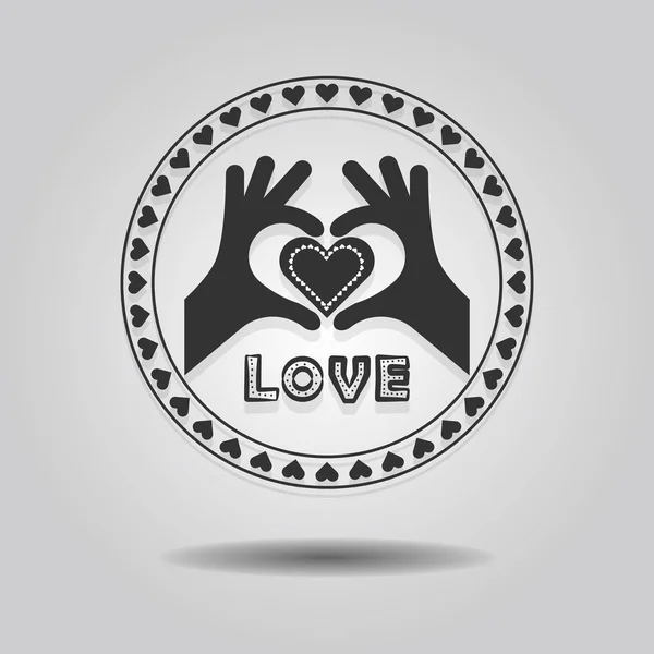 Abstrakta visar hjärtat symbol händer och ordet älskar i cirkel emblem på grå tonad bakgrund — Stock vektor