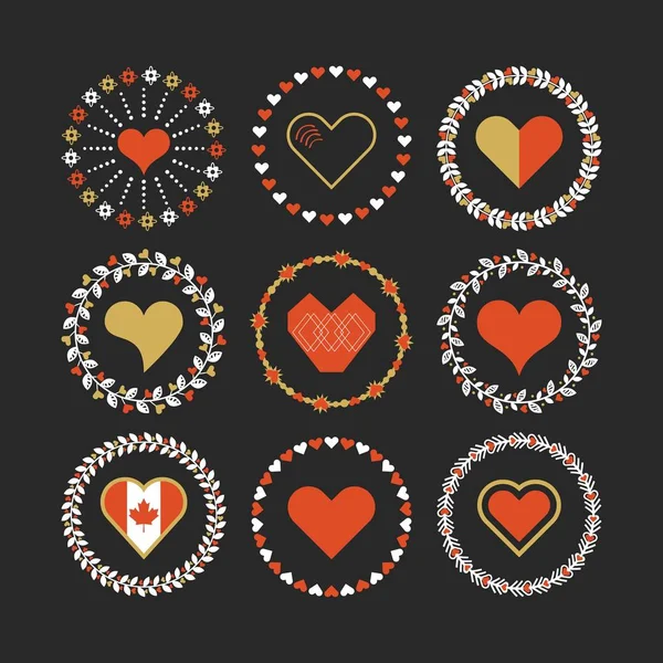 Ensemble de motifs de symboles de coeur décoratifs de bordure de cercle rouge et doré et d'éléments de conception pour cadres — Image vectorielle