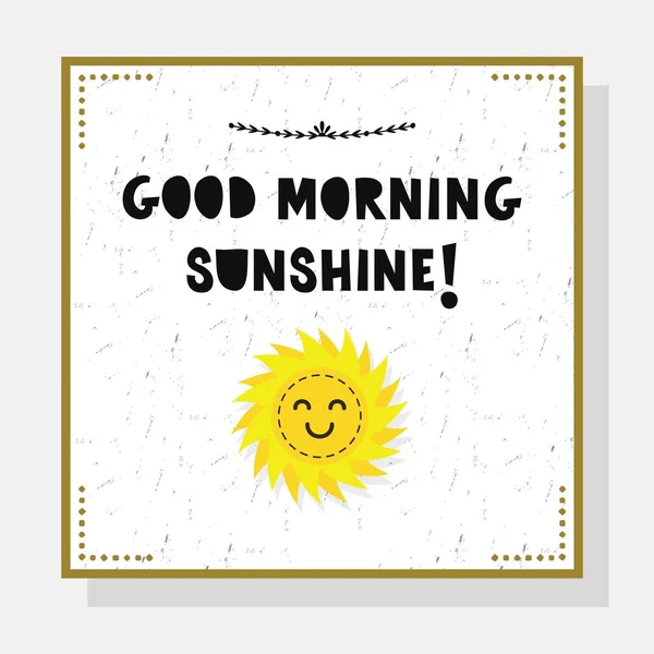 Roztomilé dobré ráno sluníčko blahopřání s papírem řez písma a žluté slunce emoji — Stockový vektor