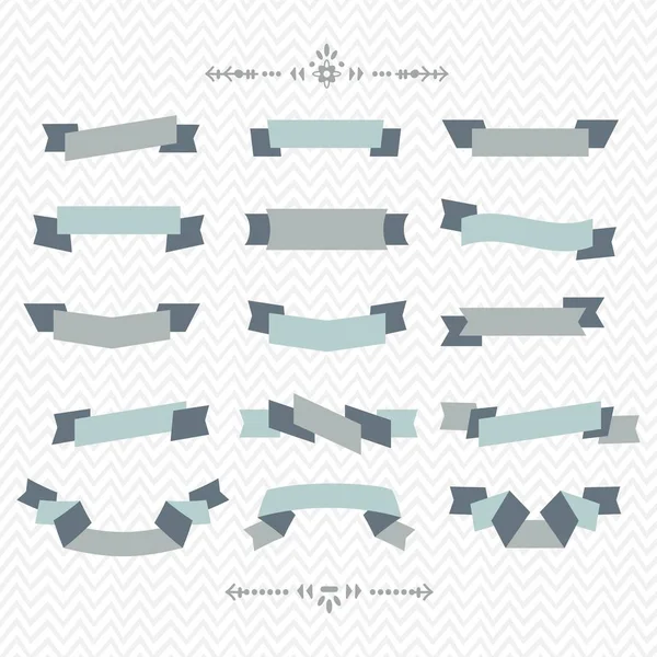 Teal and gray ribbon banners design elements set on chevron pattern background — Stock Vector