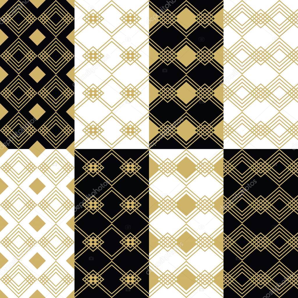 Golden modern art deco square patterns set on black and white backgrounds