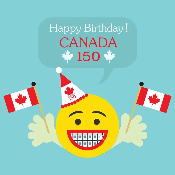 Happy Birthday! Canada 150 emoji icon with big smile and orthodontics teeth, hands holding Canada flags — Stock Vector