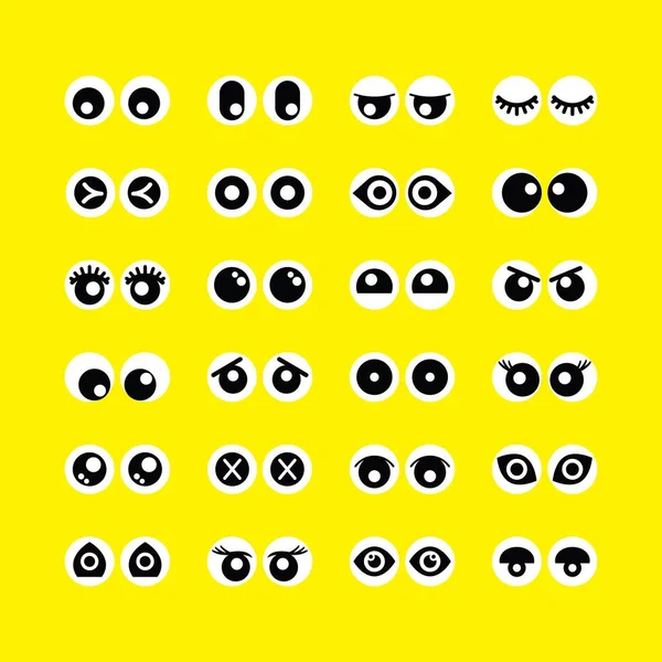 Κύκλος χαριτωμένο ανάμικτες κινούμενα μάτια εικονίδια emoji σε κίτρινο φόντο — Διανυσματικό Αρχείο