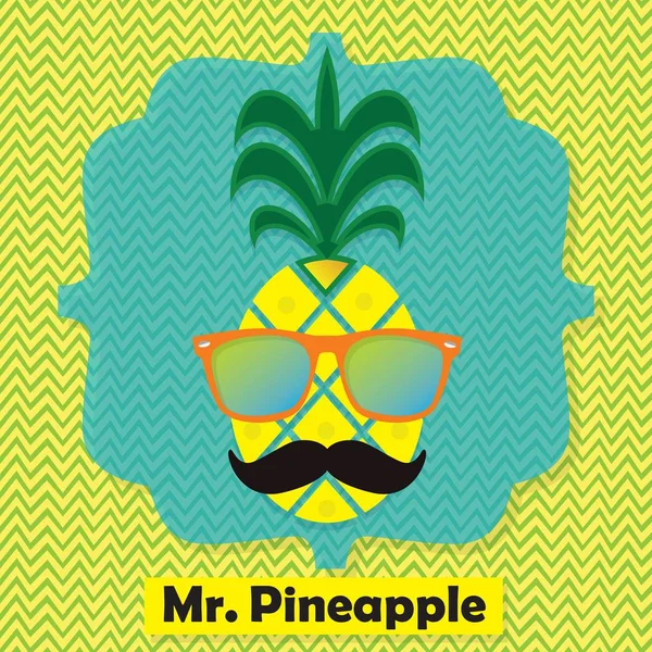 Kolorowe fajny Pan Pineapple owoców godło ikona na chevron wzór — Wektor stockowy