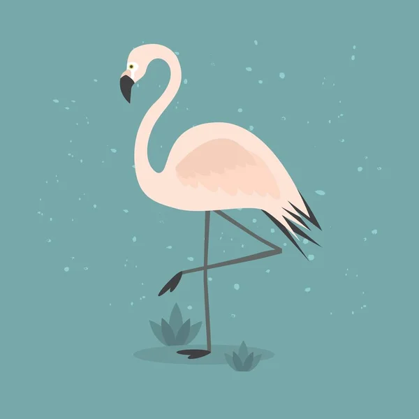 Prachtige abstracte één roze flamingo staande op een been met sommige struiken op getextureerde teal achtergrond — Stockvector