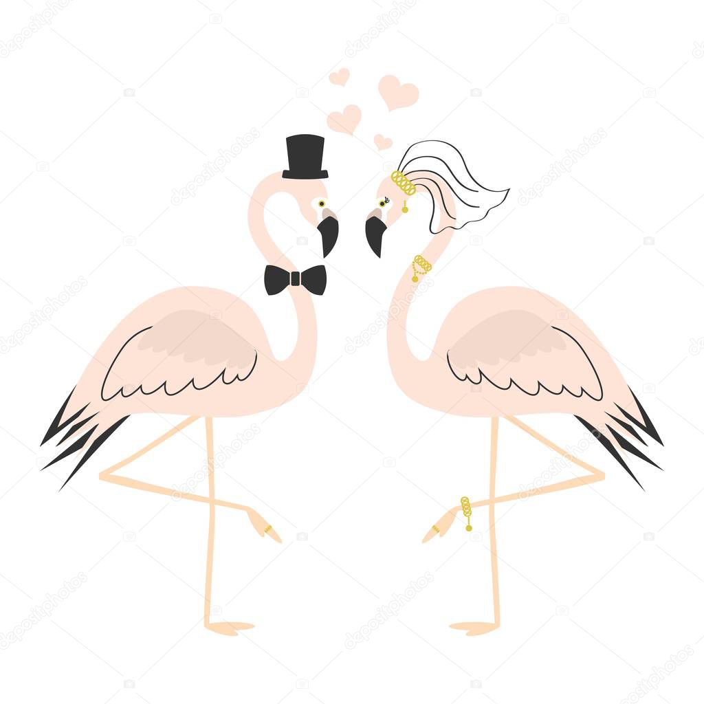 Beautiful pink flamingo couple wedding card on white background