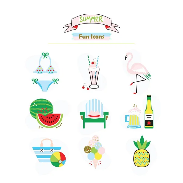 Colorful fashion trends summer and beach fun icons set on white background — Stock Vector