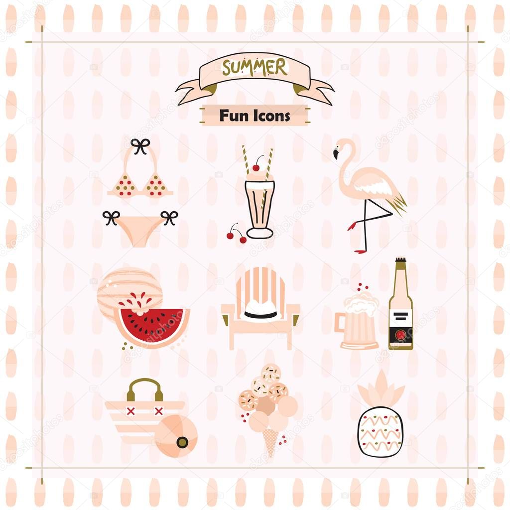 Pink fashion trends summer and beach fun icons set on pattern background