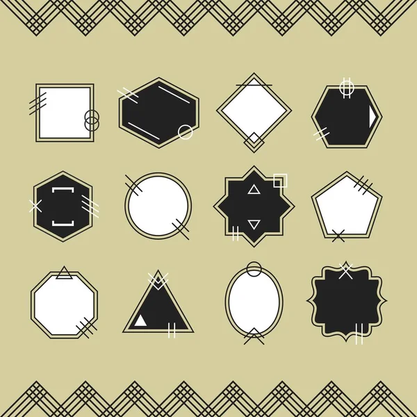 Modernos emblemas en blanco y negro sobre fondo beige con marco de patrón chevron de línea negra — Vector de stock