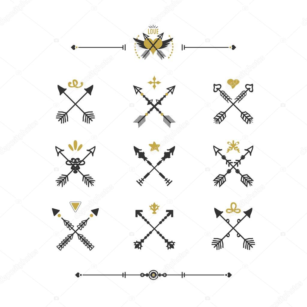 Black and golden modern retro hand drawn tribal crossed arrows icons set on white background