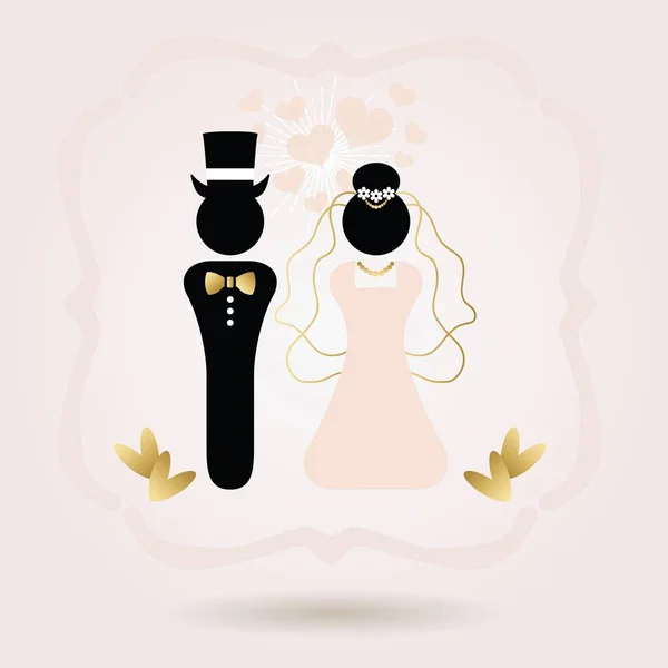 Iconos de símbolo de novia y novio abstractos negros y dorados sobre fondo de degradado rosa — Vector de stock
