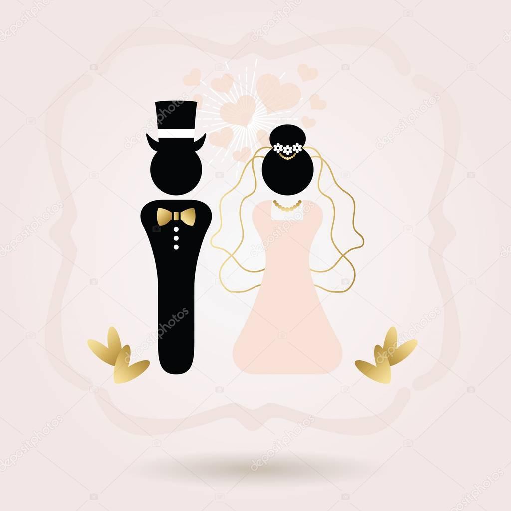 Black and golden abstract bride and groom symbol icons on pink gradient background