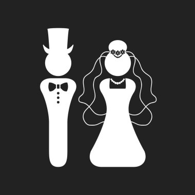 Beyaz siluet gelin ve Damat Düğün işareti ve sembol simge siyah arka plan üzerine