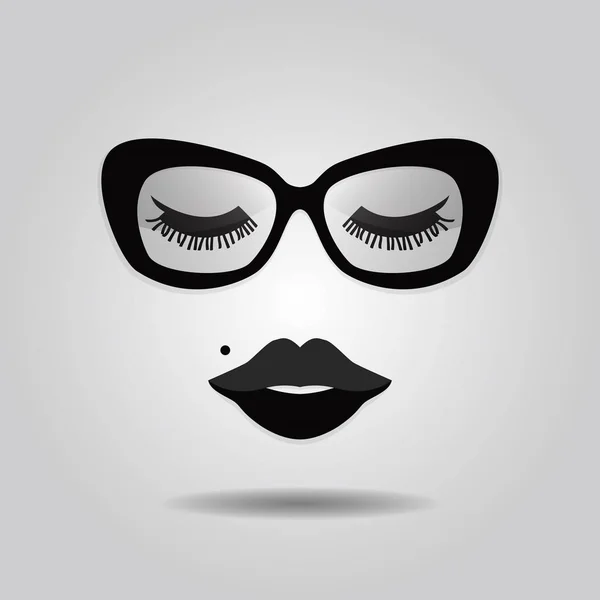 Hipster lady lips and sunglasses with closed eyes icons on gray gradient background — Stock Vector