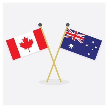 Kanada bayrağı ve Avustralya bayrağı simgeleri kapalı beyaz arka plan üzerinde gölge ile geçti