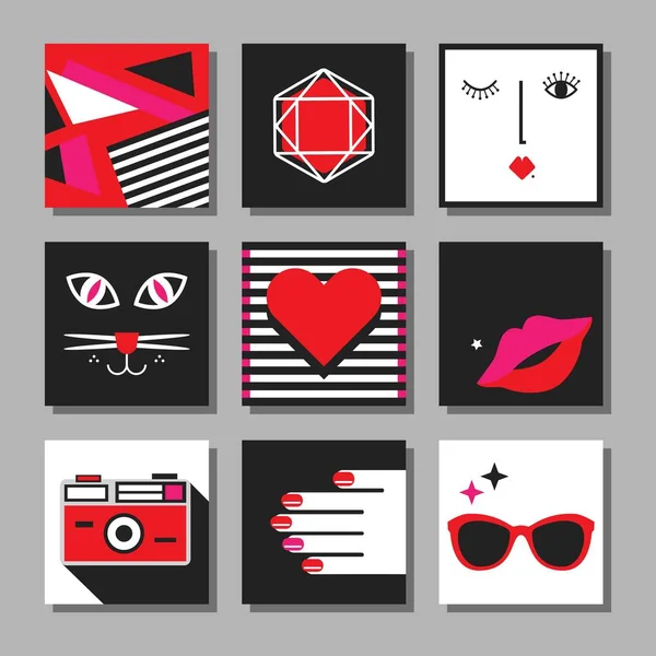 Cartes carrées minimales pop art plat rouge, noir et blanc sur fond gris — Image vectorielle