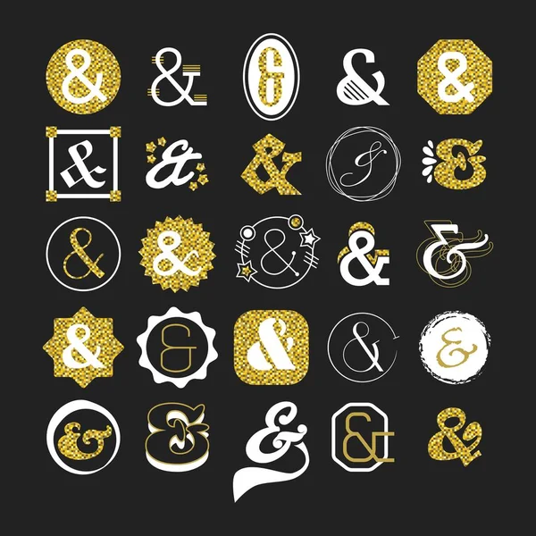 Gestileerde witte en gouden Ampersand teken en symbool ontwerpelementen instellen op zwarte achtergrond — Stockvector