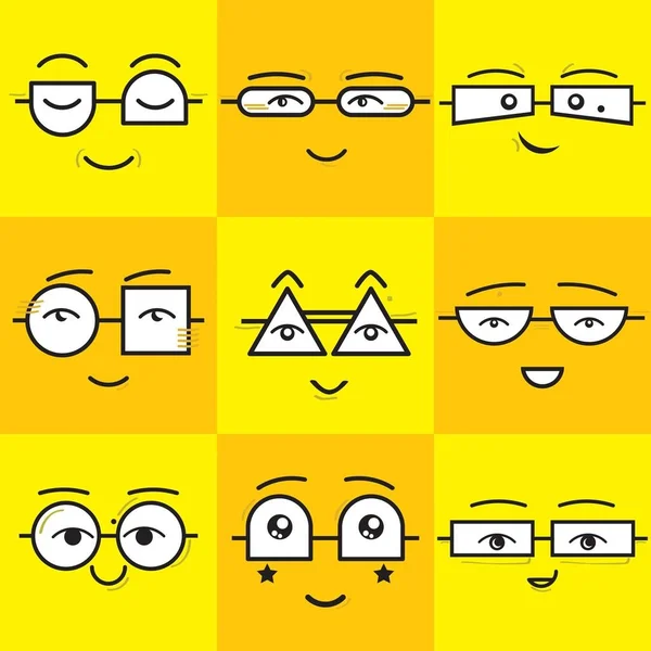 Stickers carrés jaunes et orange mignons émoticônes sourire visages icônes ensemble avec différentes formes géométriques lunettes — Image vectorielle