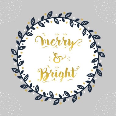 Gri arka plan üzerinde Noel ve Holiday Merry ve parlak lacivert çiçek daire sınır dekorasyon amblemi